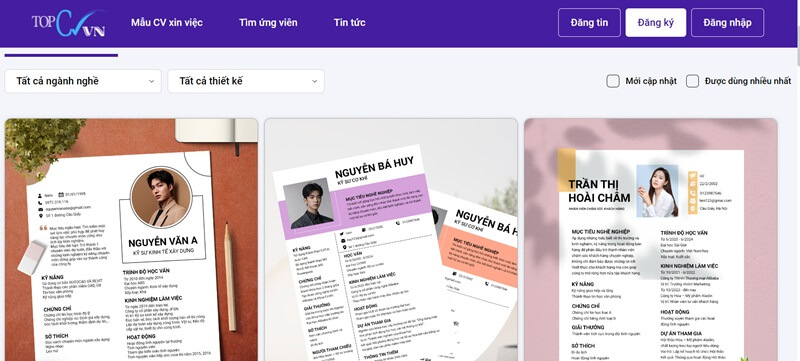 Tính năng tạo lập CV xin việc của website Topcvvn.com