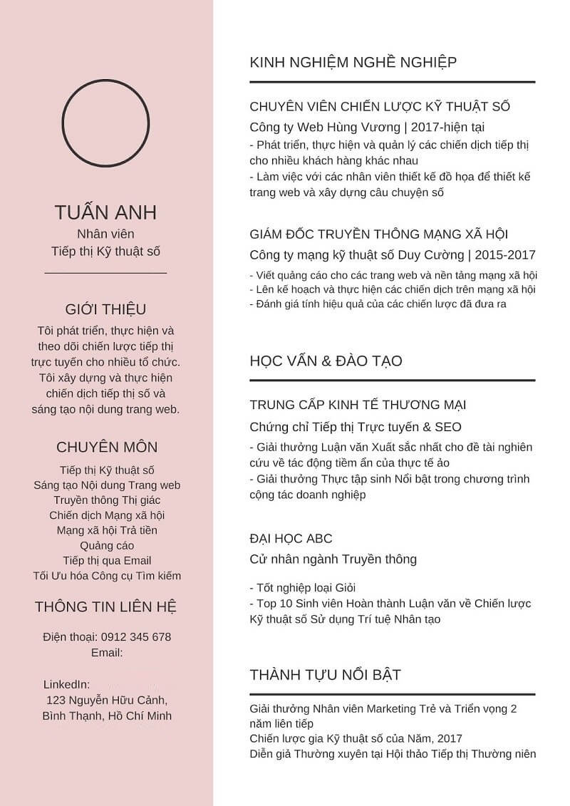 Mẫu CV ngành marketing đơn giản nhưng thu hút