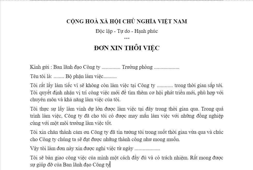 Nội dung trong đơn xin thôi việc