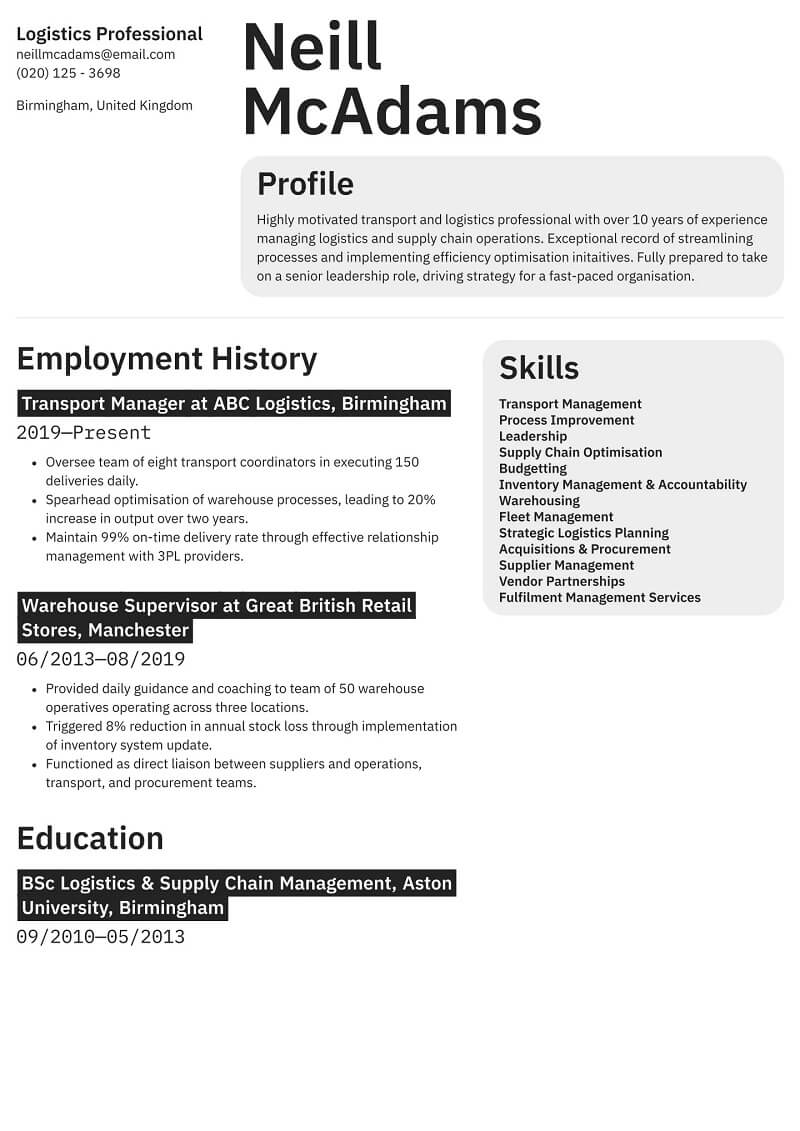 Mẫu CV logistic viết bằng tiếng Anh