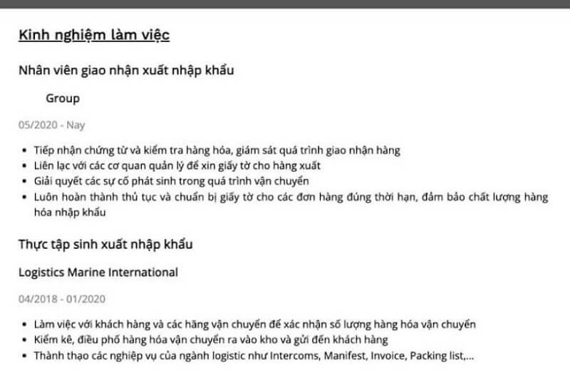 Phần kinh nghiệm trong CV nghề xuất nhập khẩu