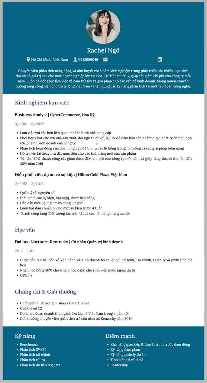 Mẫu CV xin việc Business Analyst chuyên nghiệp